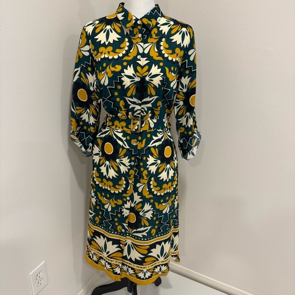 Figueroa Floral Print Button Front Dress 3/4 Sleeve Roll Tab M - Picture 1 of 8
